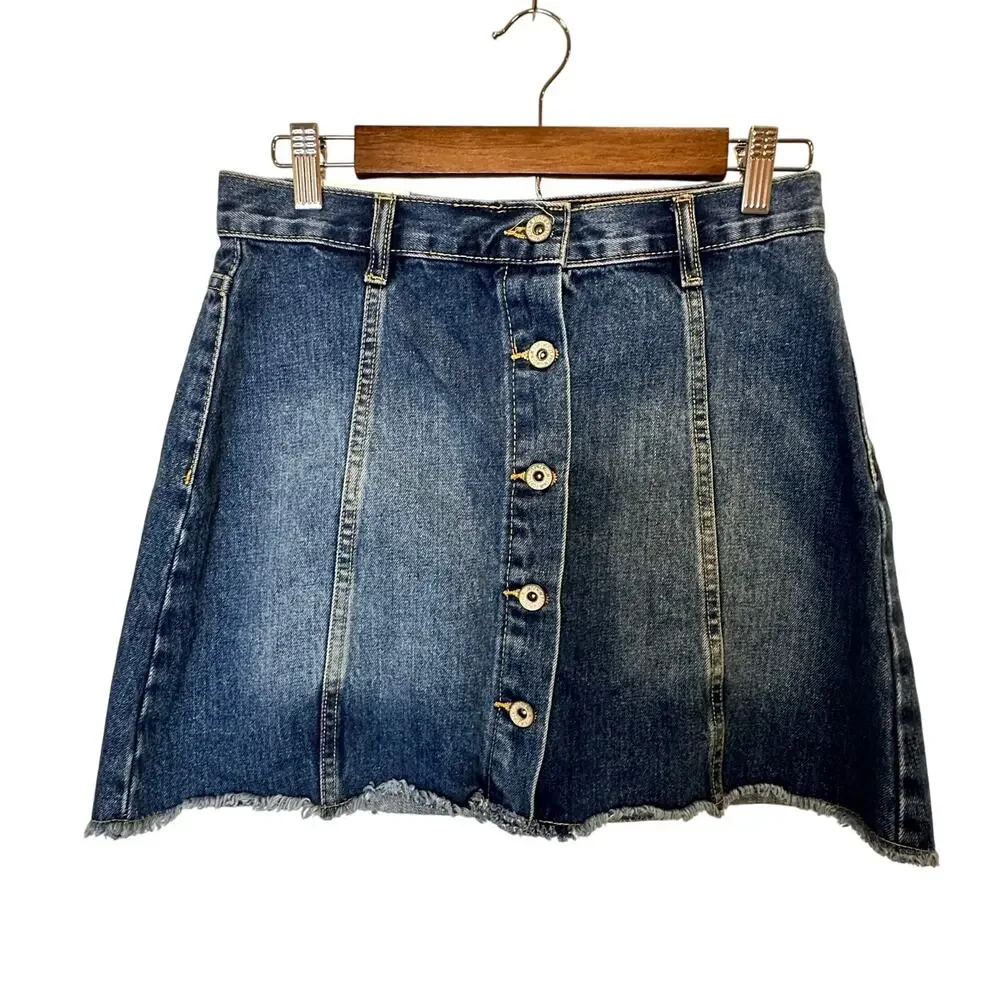 Forever 21 Denim Mini Skirt 26 Blue Button Front Raw‎ Hem Y2K Festival Indie